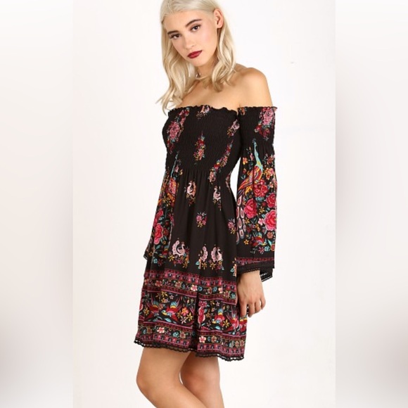 Flying Tomato Floral Off The Shoulders Smocked Bodice Mini Peasant Dress Size M - Picture 10 of 10